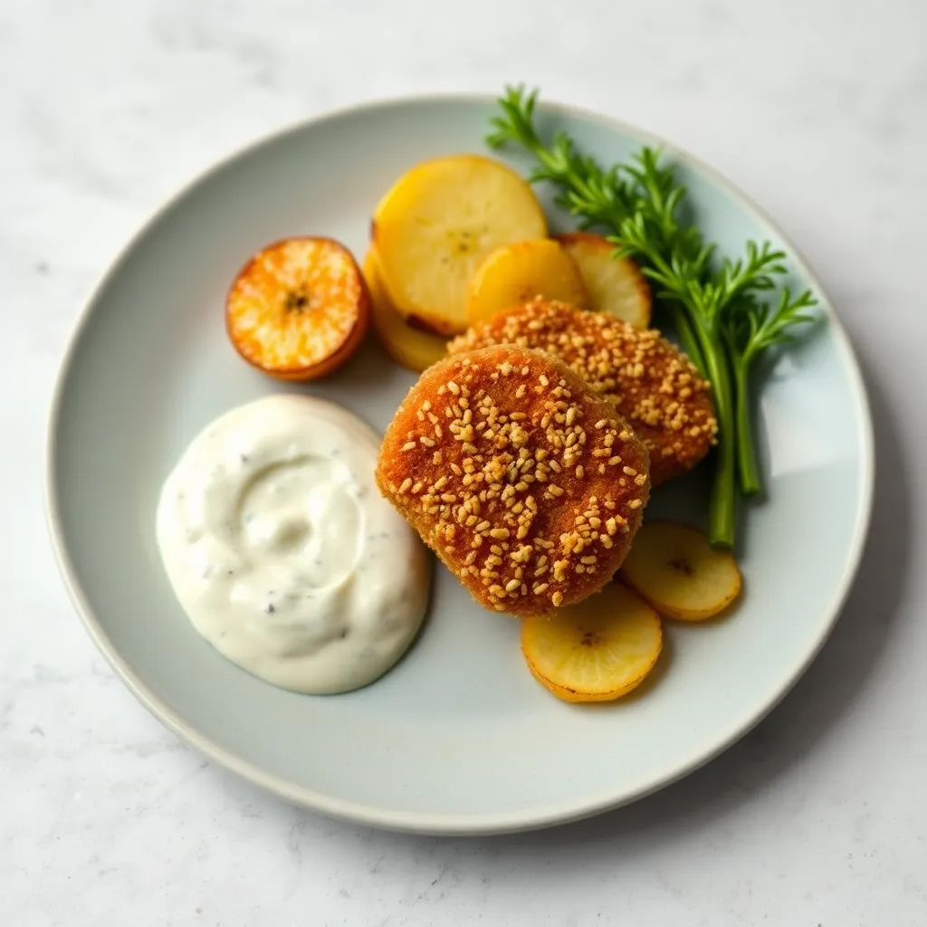 Recept - Vyprážané medailóniky z bravčovej panenky v sezamovej strúhanke s opekanými zemiakmi a nivovým dipom