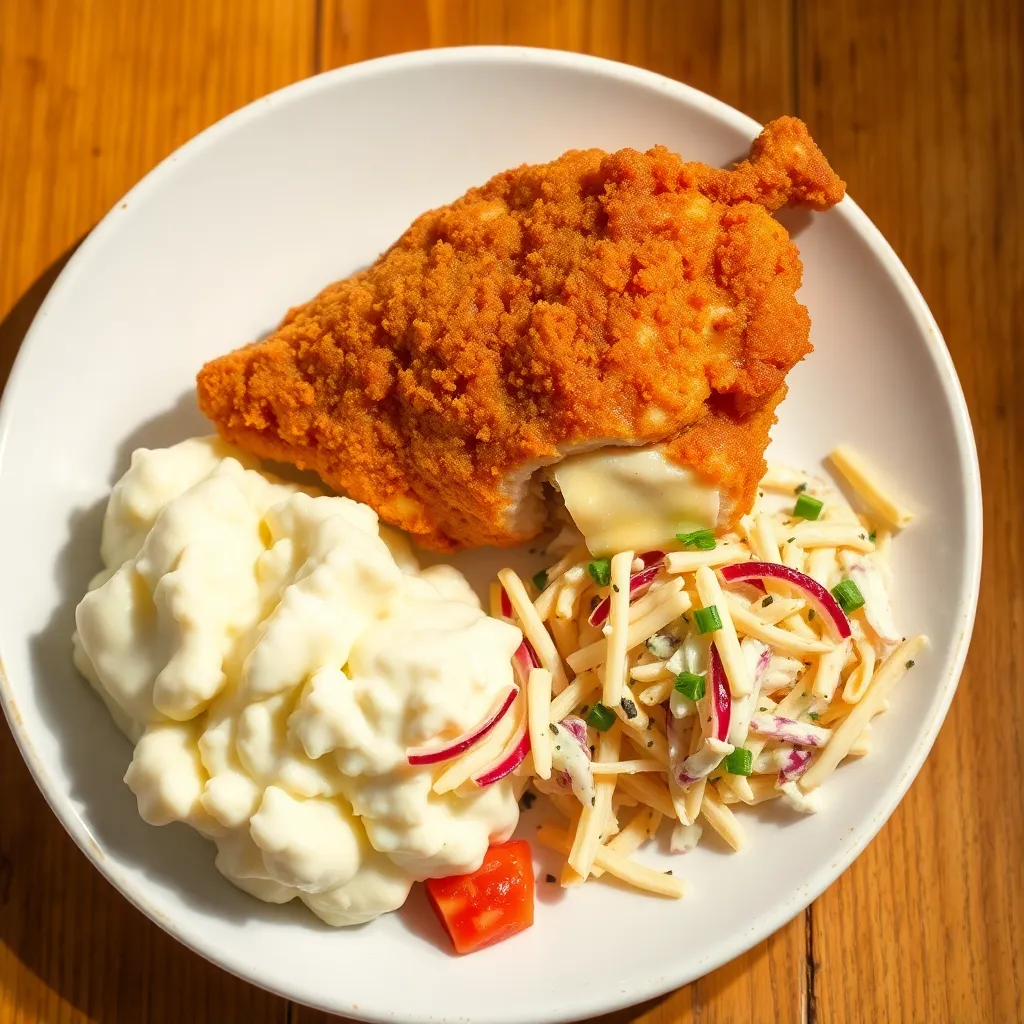 Vyprážaný kurací Cordon Bleu (Pražská šunka, syr) so zem. kašou a Coleslaw šalátom