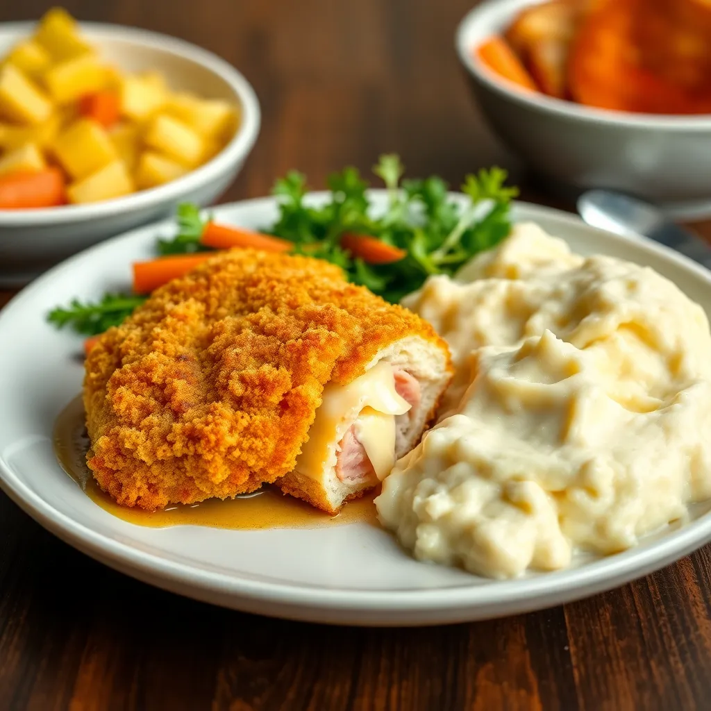 Vyprážaný kurací Cordon Bleu (Pražská šunka, syr) so zem. kašou a šalátom z mrkvy a ananásu