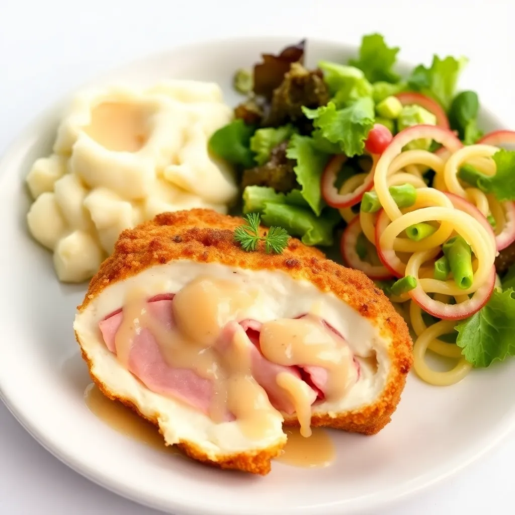 Vyprážaný Kurací Cordon Bleu (Pražská šunka, syr) so zemiakovou kašou a hlávkovým šalátom v sladkokyslom náleve