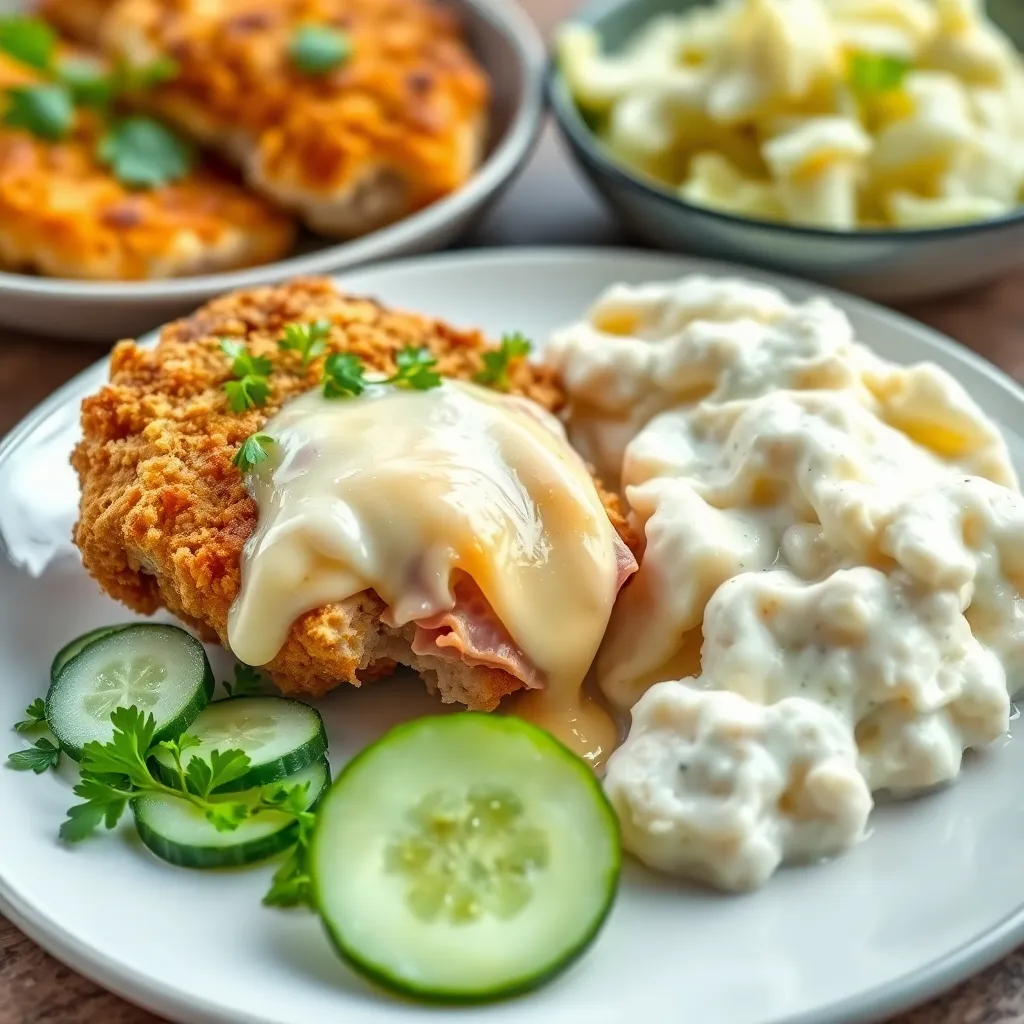 Recept - Vyprážaný kurací Cordon Bleu (Pražská šunka, syr) so zemiakovou kašou a uhorkovým šalátom
