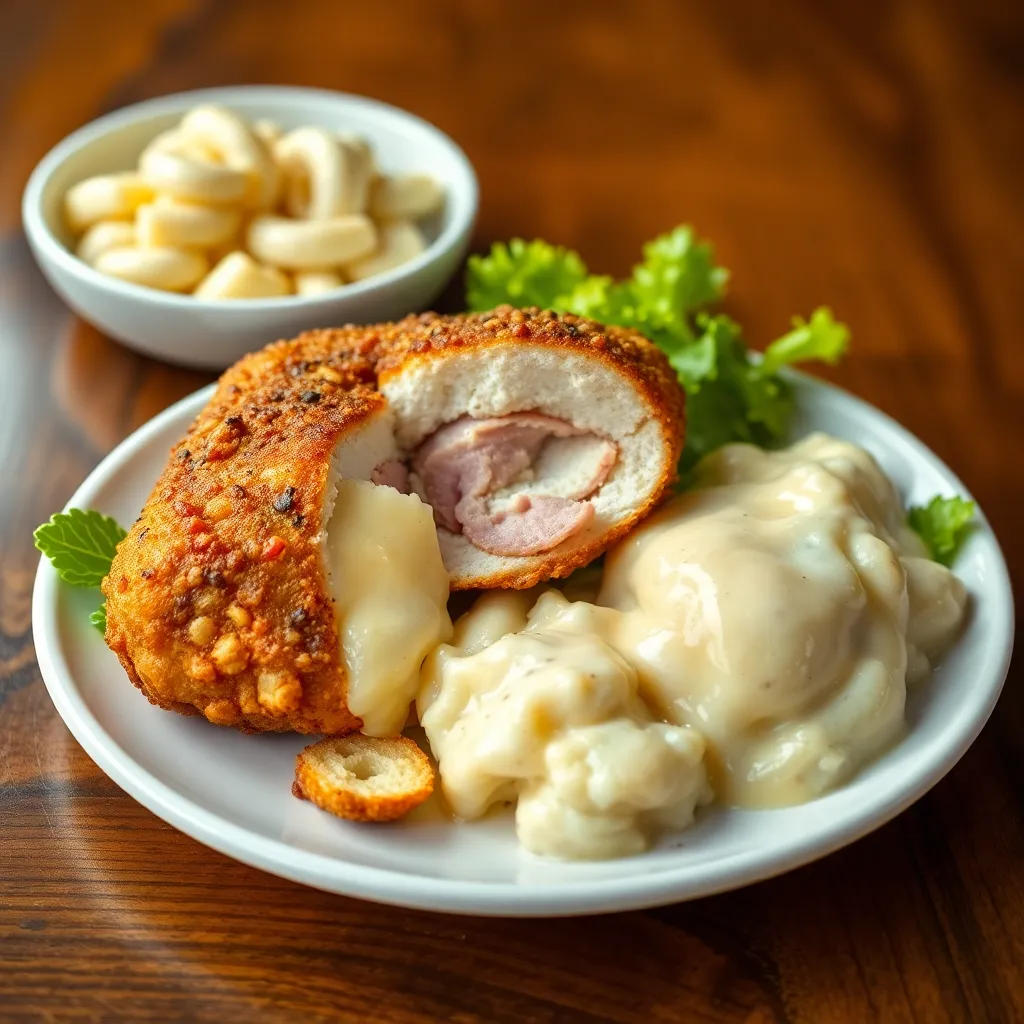 Recept - Domáci vyprážaný kurací Cordon Bleu s pražskou šunkou a syrom, zemiaková kaša a sladkokyslý šalát