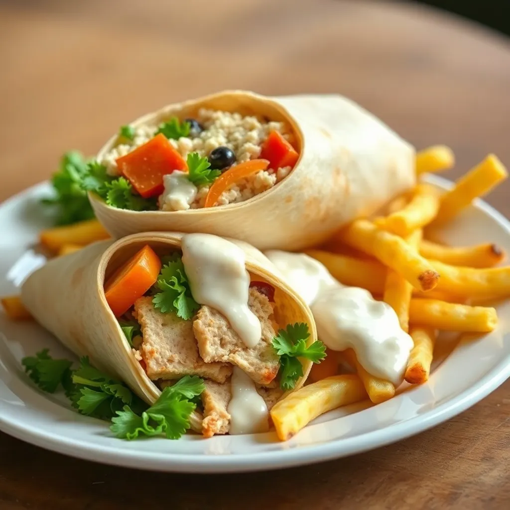 Recept - Domáci wrap s kuracími kúskami a čerstvou zeleninou s domácim dresingom a hranolkami