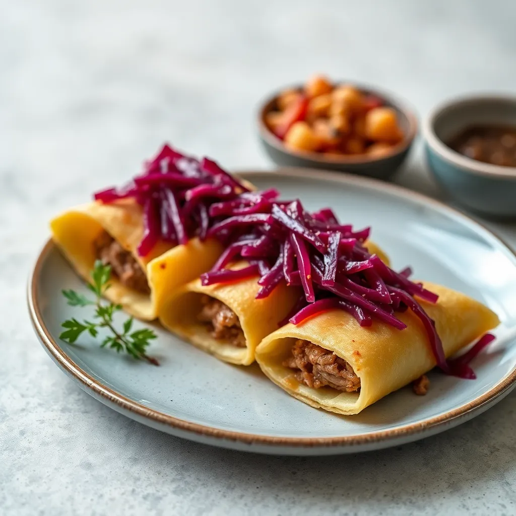 Recept - Zemiakové lokše plnené kačacím trhaným mäsom a karamel. červenou kapustou