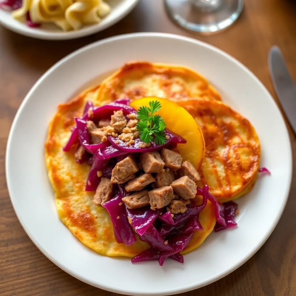 Recept - Zemiakové lokše plnené trhaným kačacím mäsom a karamelizovanou červenou kapustou
