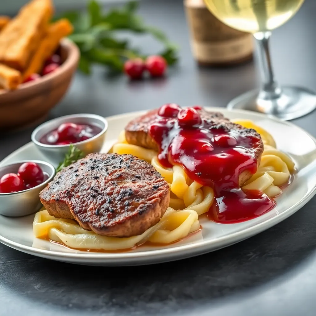Divinové medajlónky so zemiakovými röstami a brusnicovou omáčkou (1,3) 150g/150g