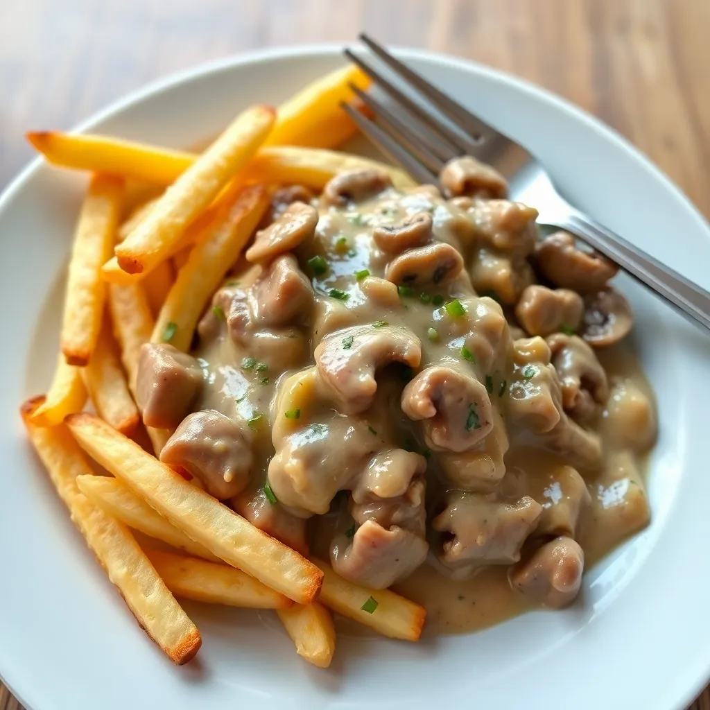 Hovädzí stroganov s hranolkami (7,10) 150g/150g