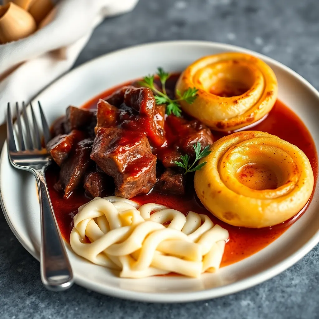 Recept - Hovädzie na červenom víne so zemiakovými röstami (1,3) 150g/150g