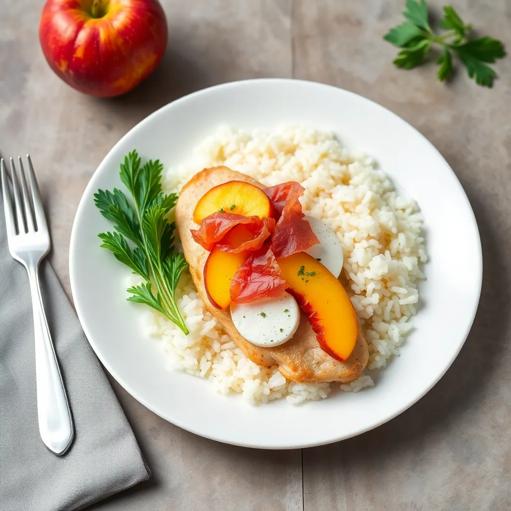 Recept - Kurací plátok zapečený s broskyňou, prosciuttom a mozzarellou s ryžou