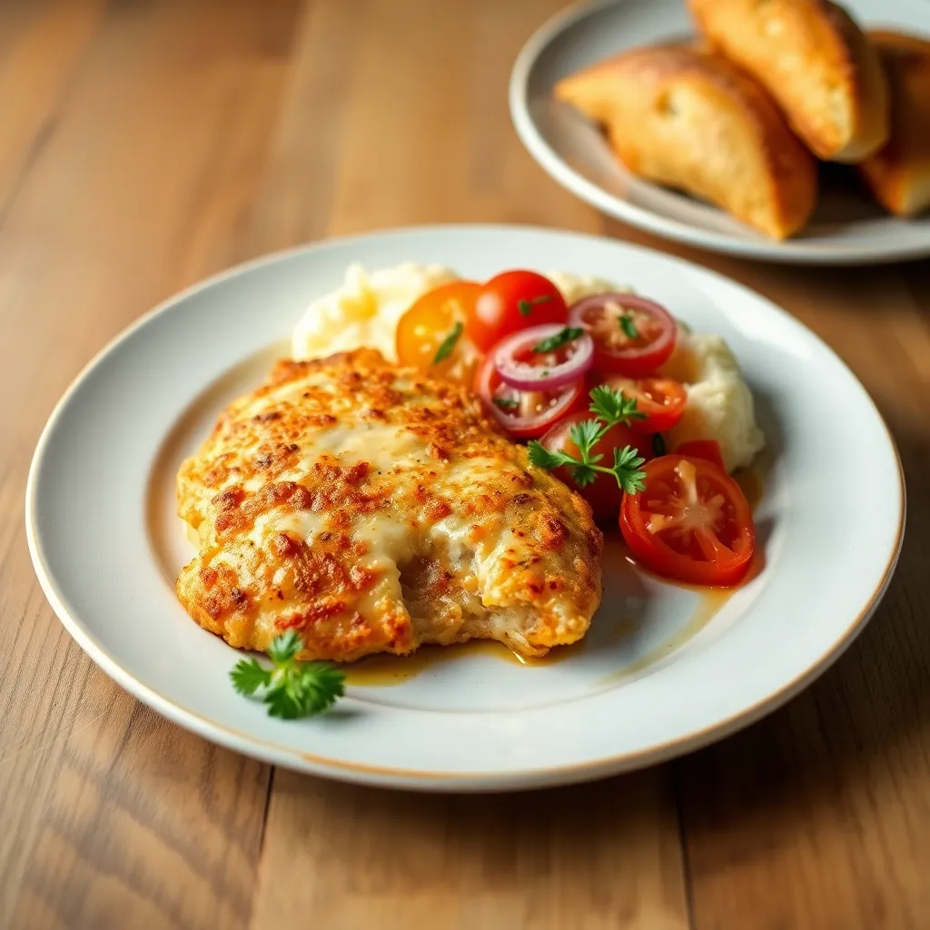 Recept - Kurací rezník v syrovom cestíčku so zemiakovým pyré, a s rajčinovo - cibuľovým šalátikom (1,3,7) 100/150g