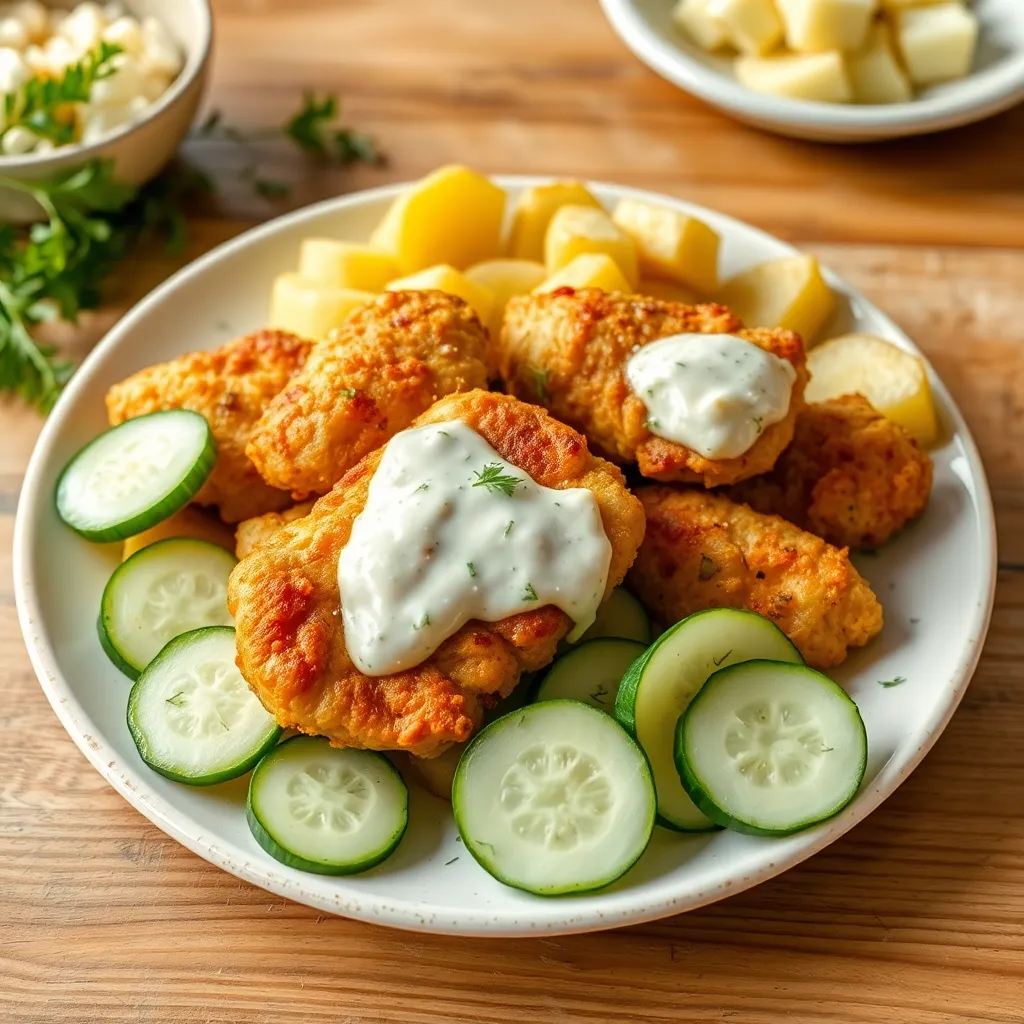 Recept - Kuracie kúsky v smotanovo-cesnakovom cestíčku s maslovými zemiakmi a uhorkovým šalátom