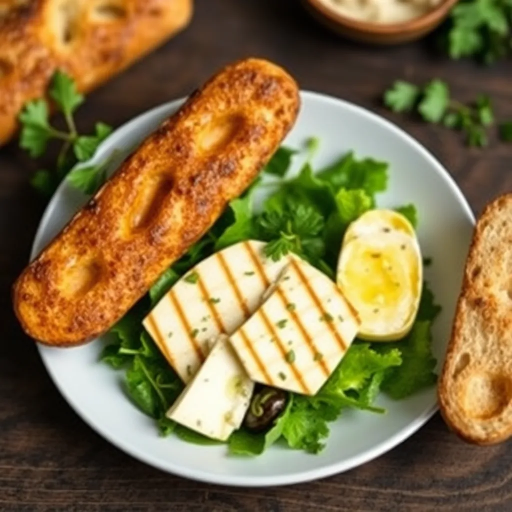 Listový šalát, grilovaný hermelín, bylinkový dressing, bagetka, Grilovaný hermelín na listovom šaláte, s chutným dressingom a bagetkou. 300g
