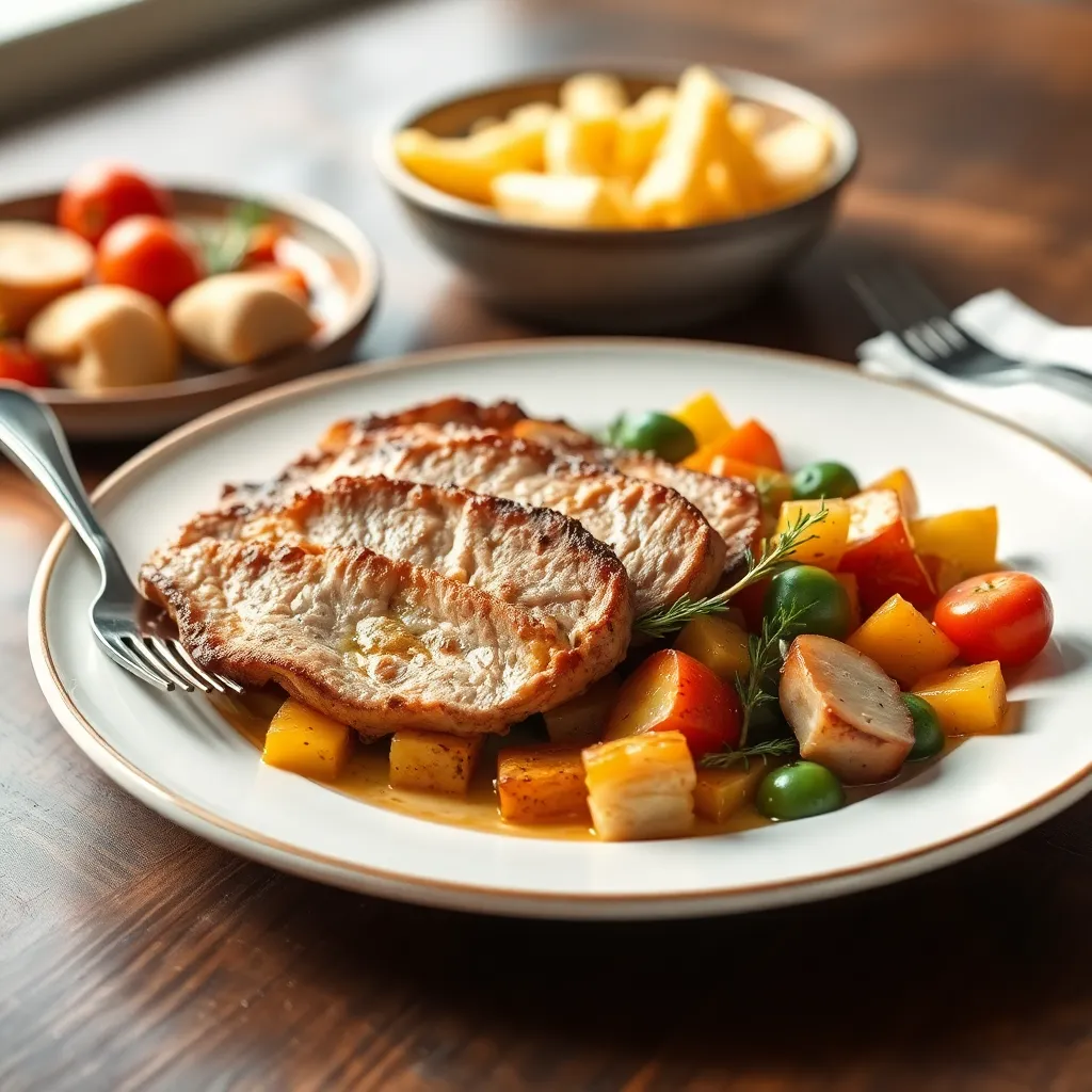 Morčací steak, pečená zelenina, Krehký šťavnatý morčací steak s pestrou zeleninou pečenou na plechu. 150g/150g