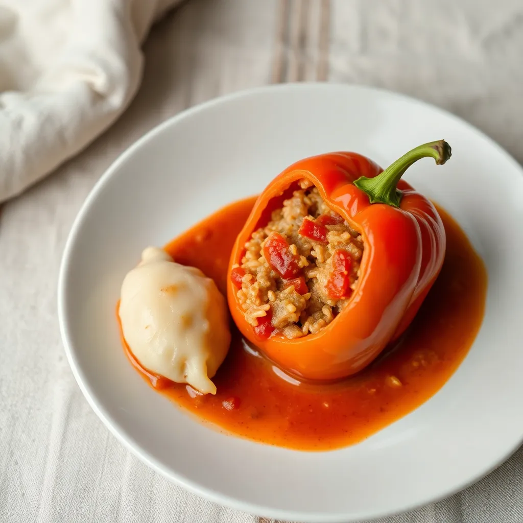 Plnená paprika, knedľa, rajčinová omáčka, Paprika plnená zmesou mäsa, ryže a korenín v jemnej rajčinovej omáčke podávaná s knedľou 150g/150g
