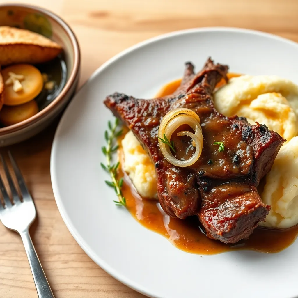 Recept - Pomaly pečený hovädzí krk, so zemiakovým pyré , nakladanou cibuľkou a vypekovou omáčkou (7) 150/150g