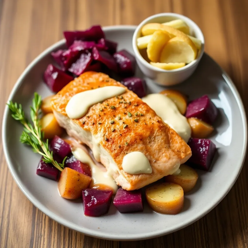 Recept - Restovaný losos s červenou repou a baby zemiakmi so smotanovým dresingom