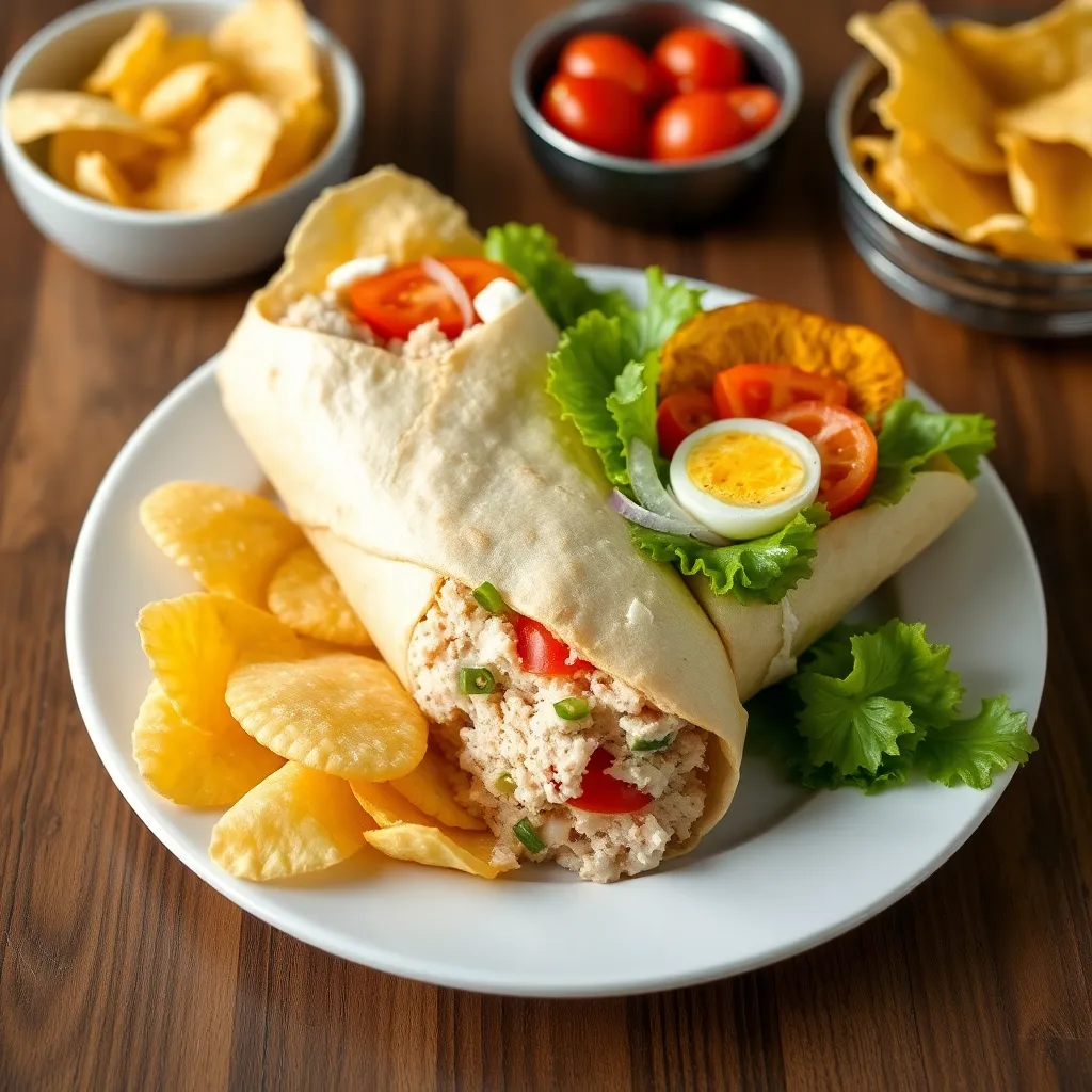 Recept - Domáci tuniakový wrap s rajčinami, vajíčkom, paprikou, červenou cibuľou a domácimi čipsami