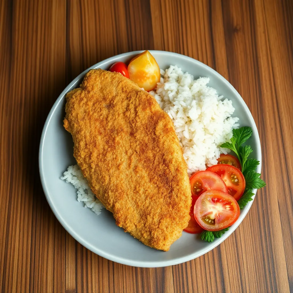 Recept - Vyprážaný kurací rezník v Panko strúhanke, s ryžou a rajčinovo - cibuľkovým šalátikom (1,3,7) 130g/150g