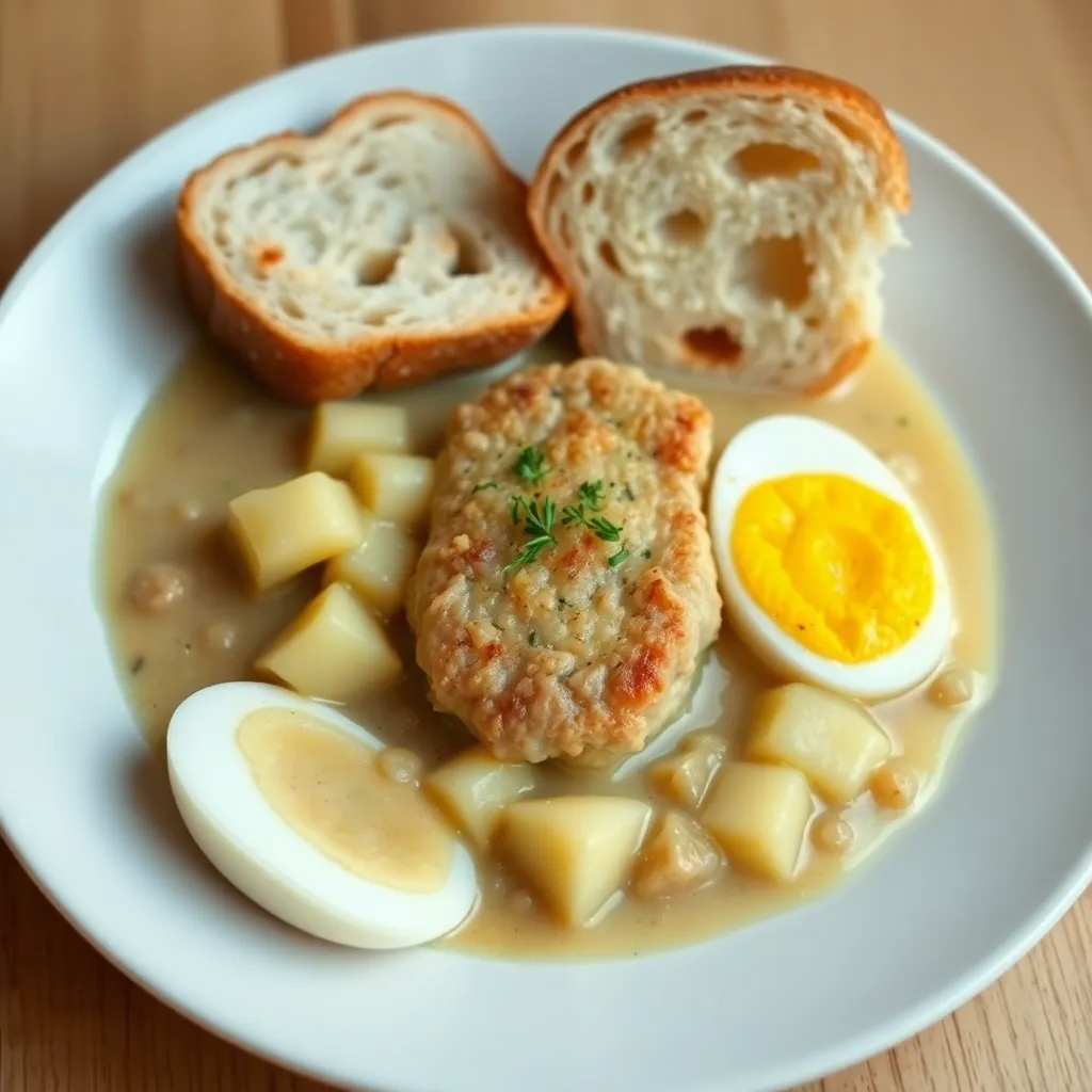 Recept - Zemiakový prívarok s bravčovou sekanou, vajíčkom a chlebom (1,3,7) 150/150g