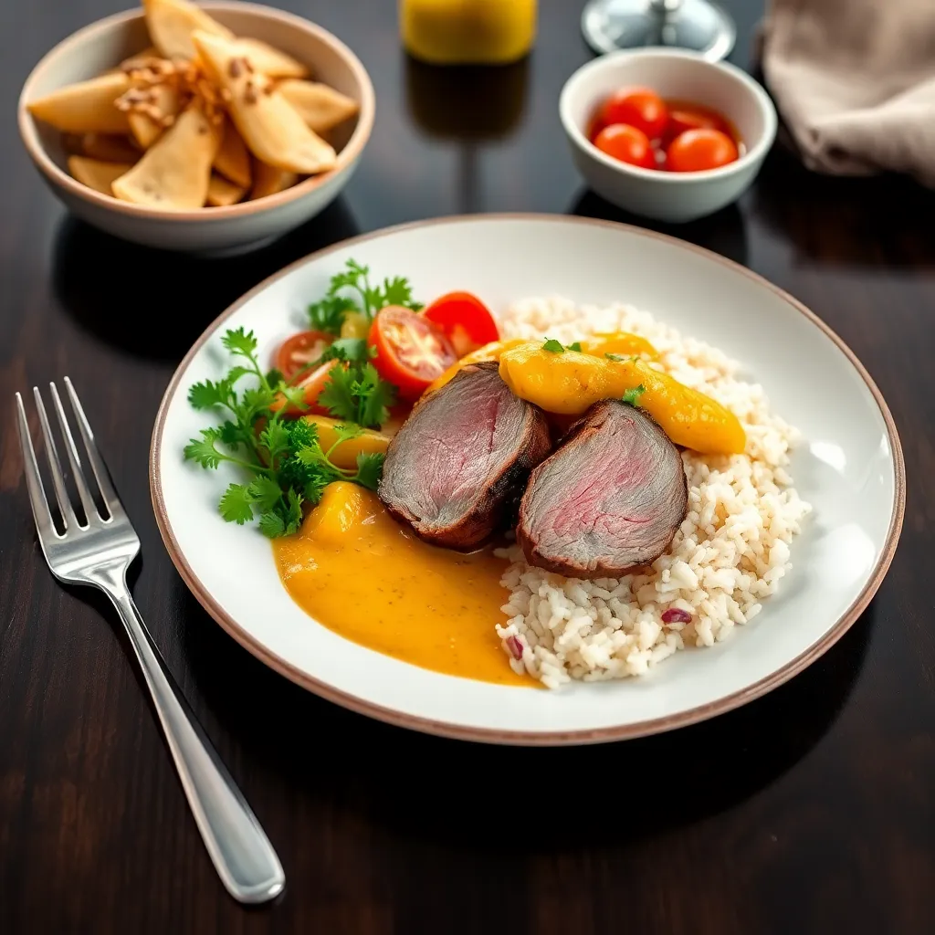 Bravčová panenka, mango chutney, ryža, obloha