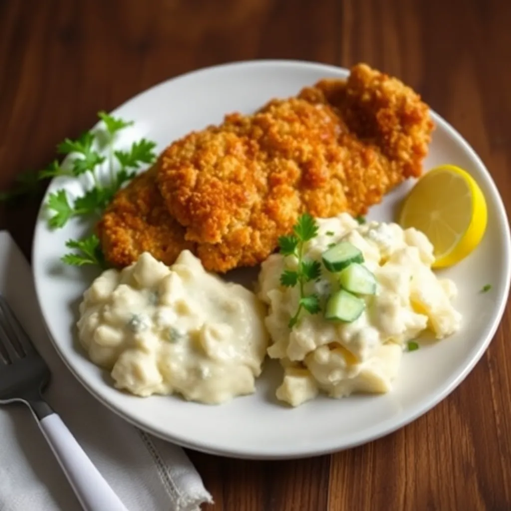 Recept - Vyprážaný kurací rezeň so šťuchanými zemiakmi a uhorkovým šalátom so smotanou