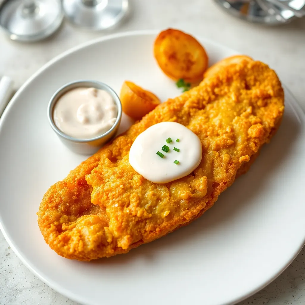 Recept - Vyprážaný bravčový rezeň v cheddarovom cestíčku s pečenými zemiakmi a tatárskou omáčkou