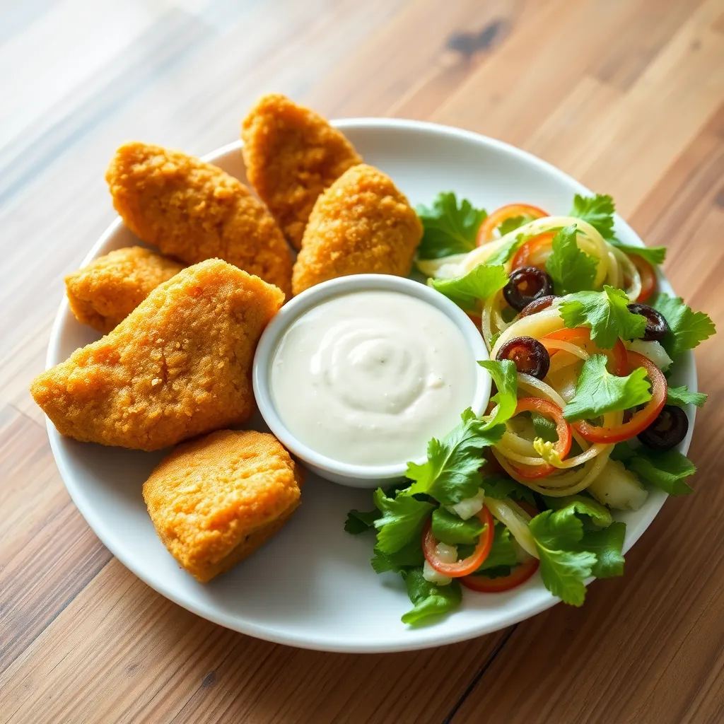Recept - Zeleninový šalát s vyprážanými kuracími nugetkami a cesnakovým dipom